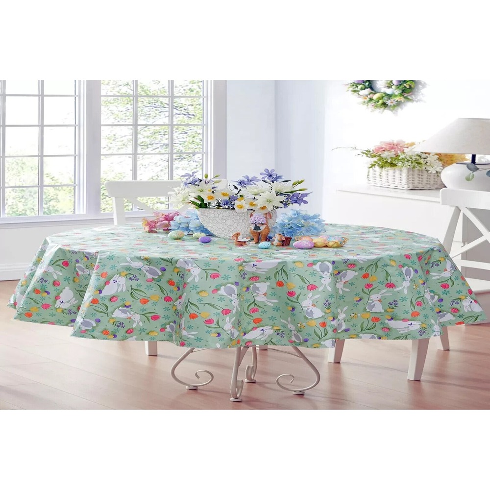 Easter Cotton Tail Bunny Party Vinyl Flannel Backed Spring Tablecloth Cottage St